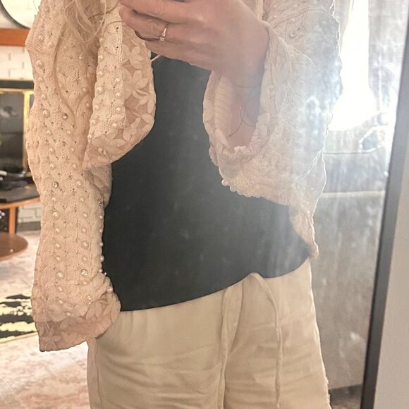 POL- Powder Cream Cozy Chenille Festive Embellished Cardigan - Picture 2 of 9